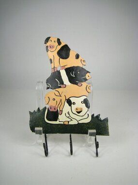 Dogs Metal Key Holder Hand Painted Wall Mount 3 Hooks Decorative Piece